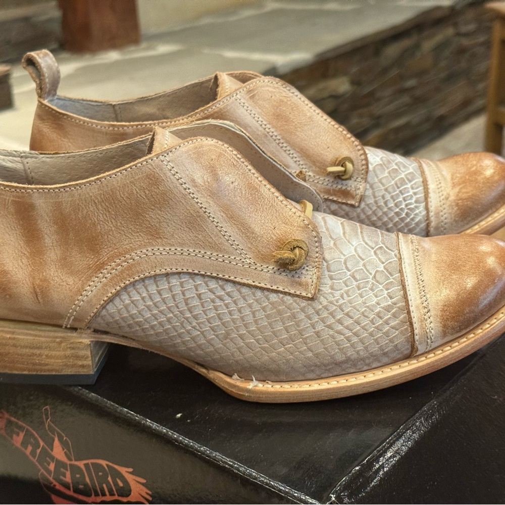 FREEBIRD MABEL Taupe Multi Women's Tan Leather Slip-On Low Heel Shoes - Picture 16 of 16